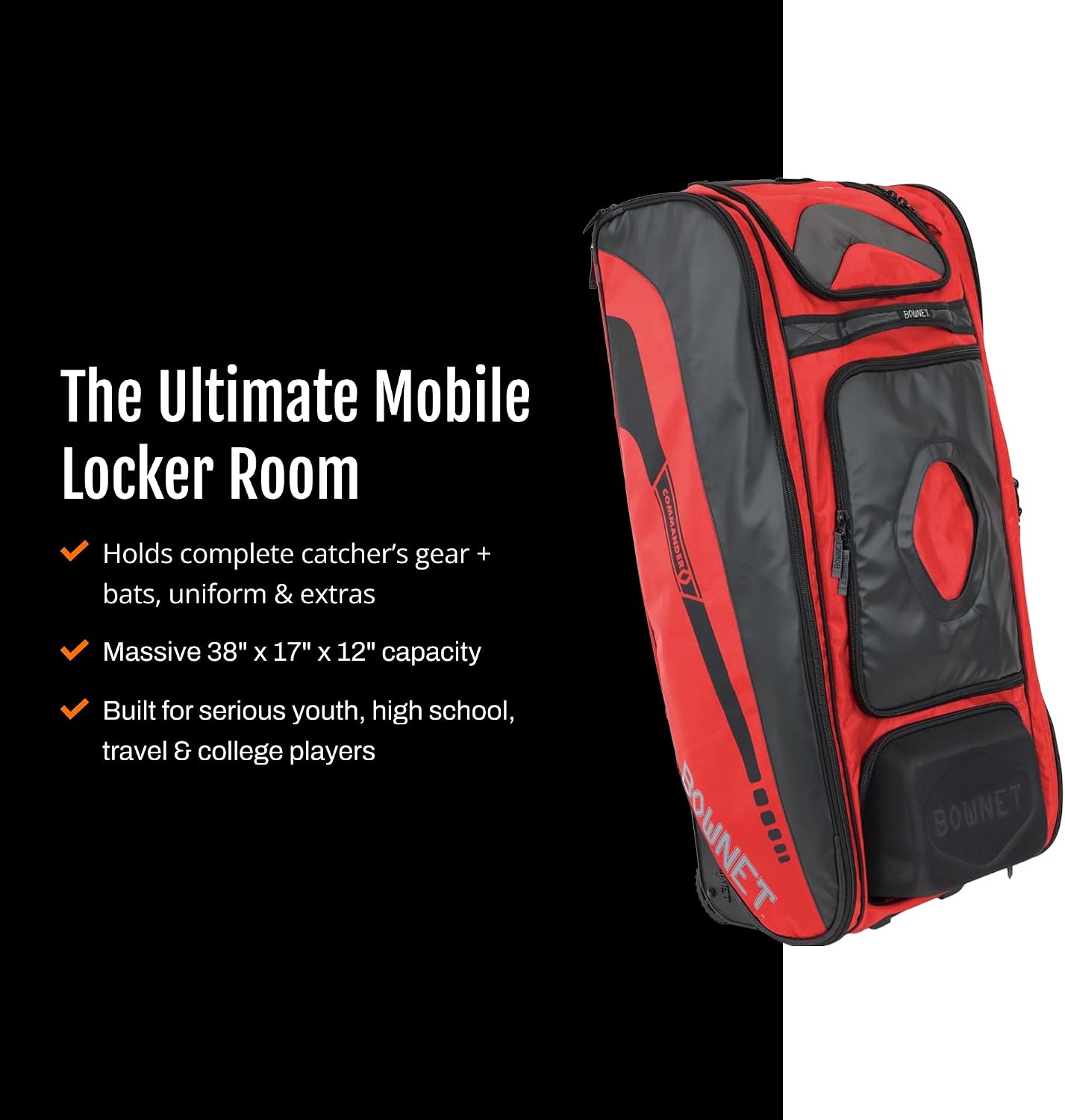 Bownet Commander Rolling Catcher's Gear Bag with Wheels – Baseball & Softball Equipment Bag for Travel Ball, Youth & Adult, 14 Pockets, Molded Helmet Case, Airline Approved