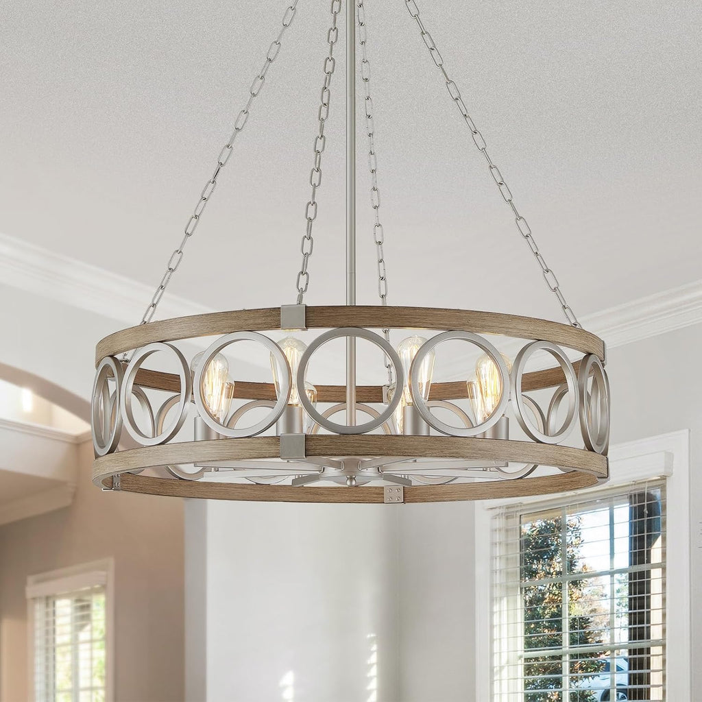 XINGQI 8-Light Modern Chandelier Large Round Drum Chandeliers for Dining Room 32.3' Rustic Pendant Brushed Nickel Light Fixture Over Table Farmhouse Metal Wood Grain Finish