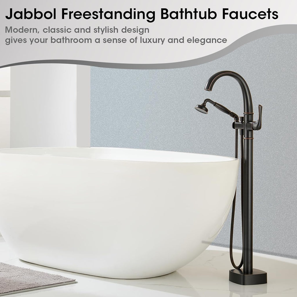 Free Standing Tub Faucet, Jabbol Premium Brass Luxury Freestanding Bathtub Faucet, Bathroom Floor Mount Tub Filler with Handheld Sprayer, Classic Roman Tub Faucets Oil Rubbed Bronze (JB-8811ORB)
