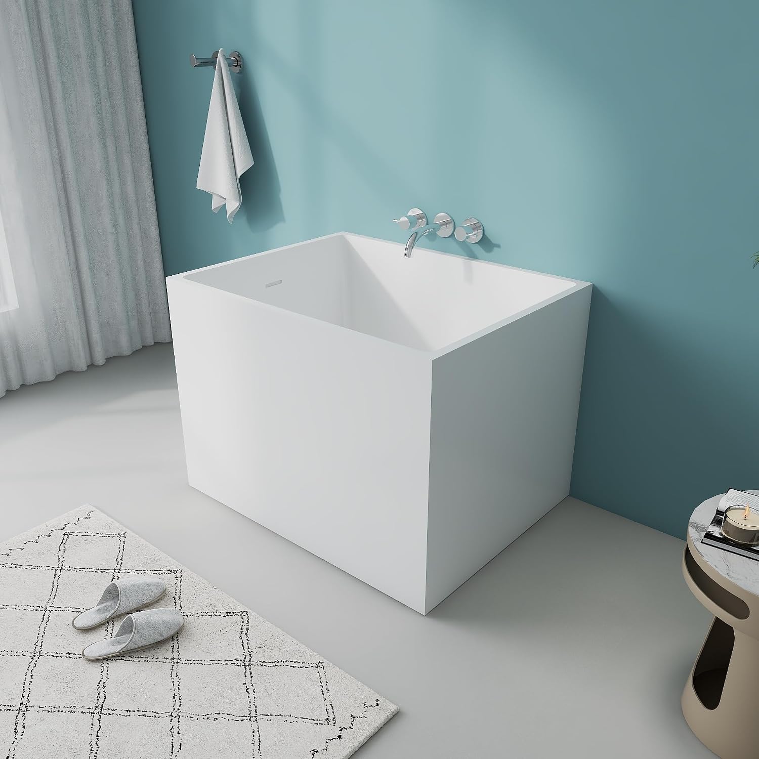 35.4' Modern Gloss White Free Standing Tub White Acrylic Tub | Unique Stand Alone Soaking Small Tub with Overflow and CUPC Drain