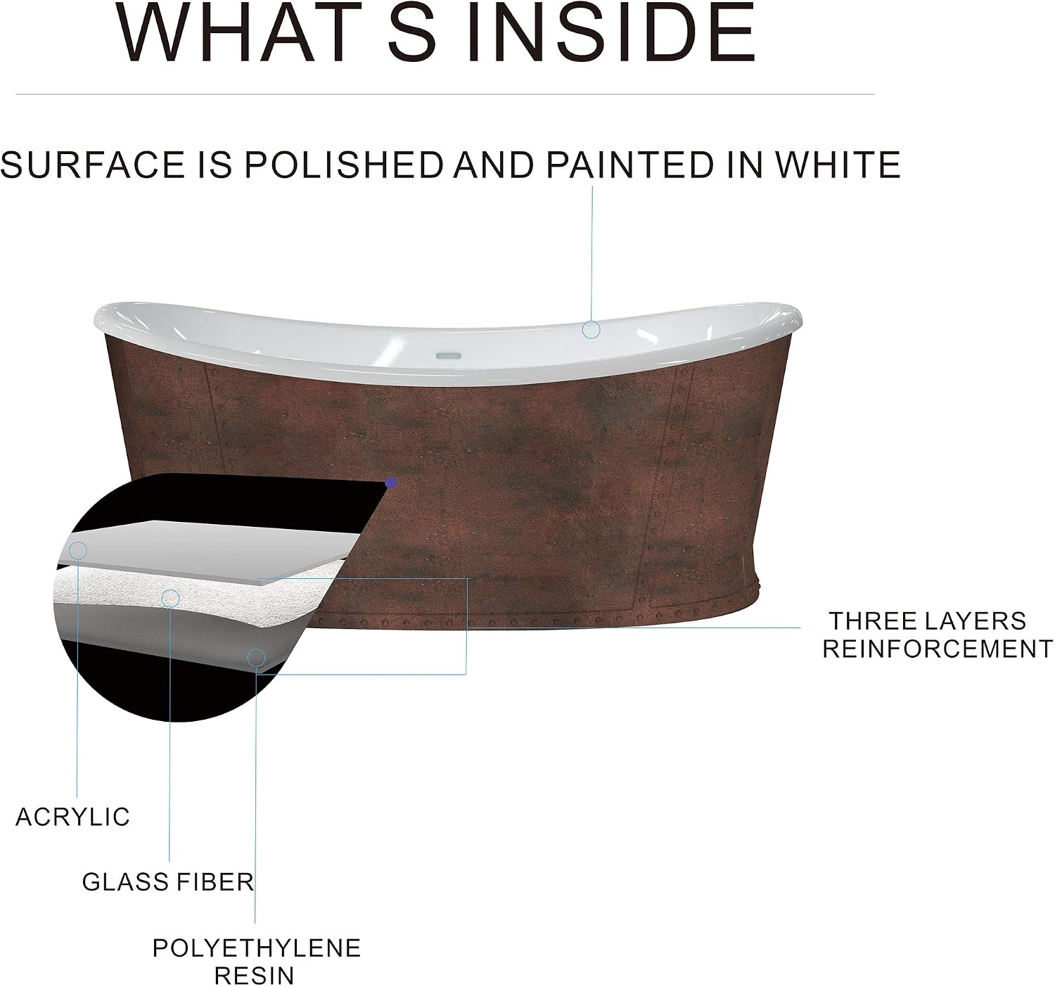 HEATGENE 66' Acrylic Freestanding Bathtub Vintage Freestand Soaking Tub UPC Certified Drain & Overflow Assembly Included - Copper