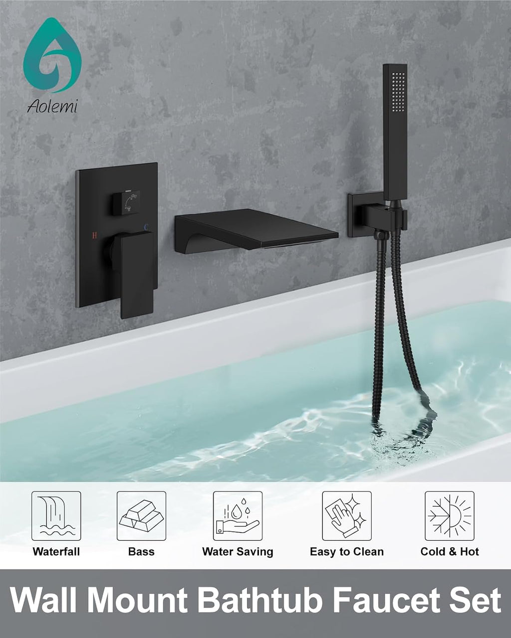 Aolemi Wall Mount Bathtub Faucet,Tub Faucet Set Waterfall Wall Mounted Tub Filler with Handheld Sprayer Single Handle,Matte Black