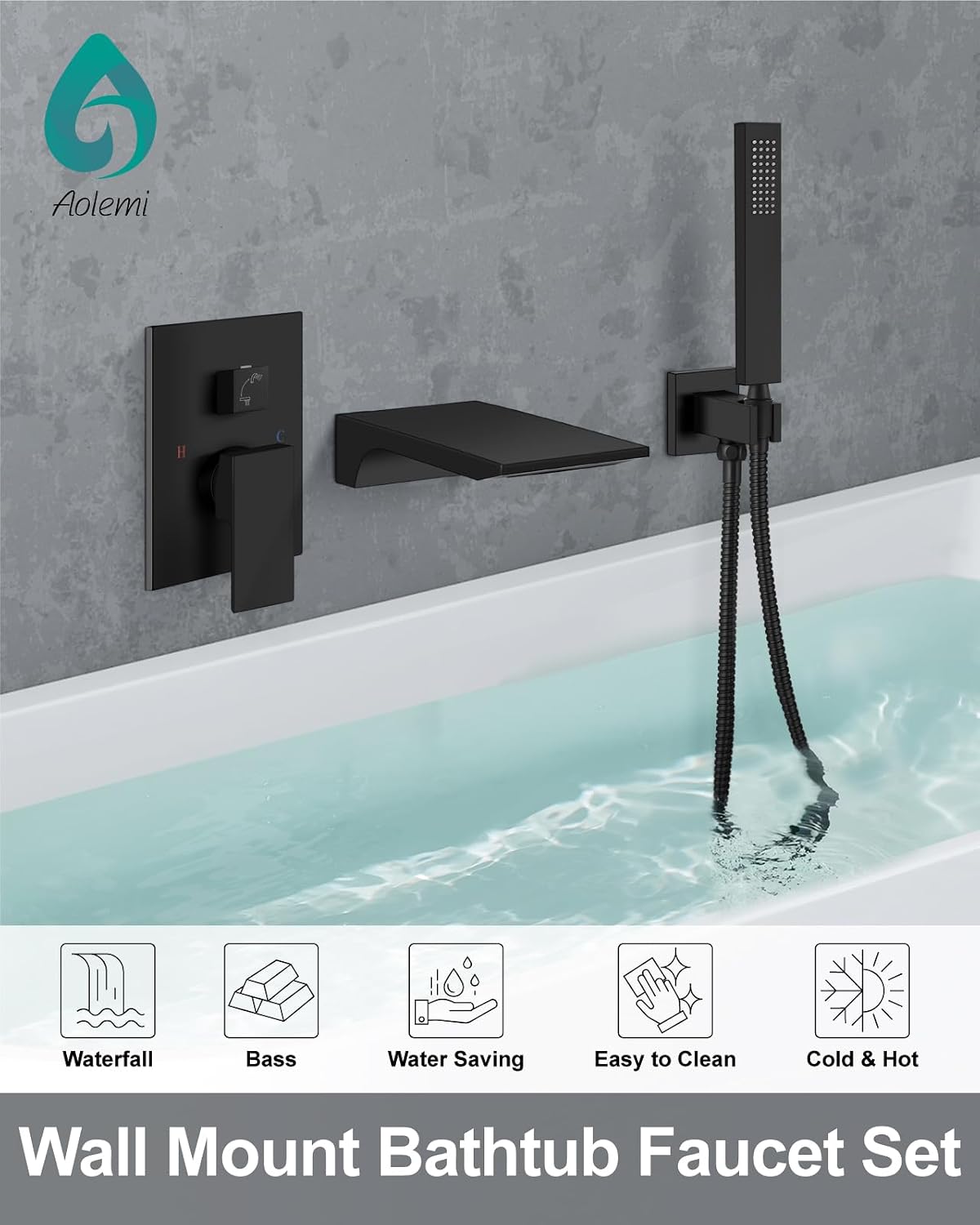 Aolemi Wall Mount Bathtub Faucet,Tub Faucet Set Waterfall Wall Mounted Tub Filler with Handheld Sprayer Single Handle,Matte Black
