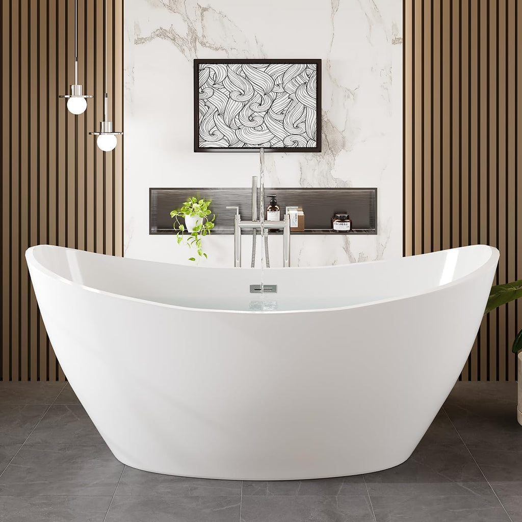 EVIVA Bella 60-Inch Acrylic Bathtub Non-Slip Deep Soaking Bathtub Freestanding Modern Soaker Deep Oval Bath Tub in Glossy White with Chrome Overflow and Middle Drain
