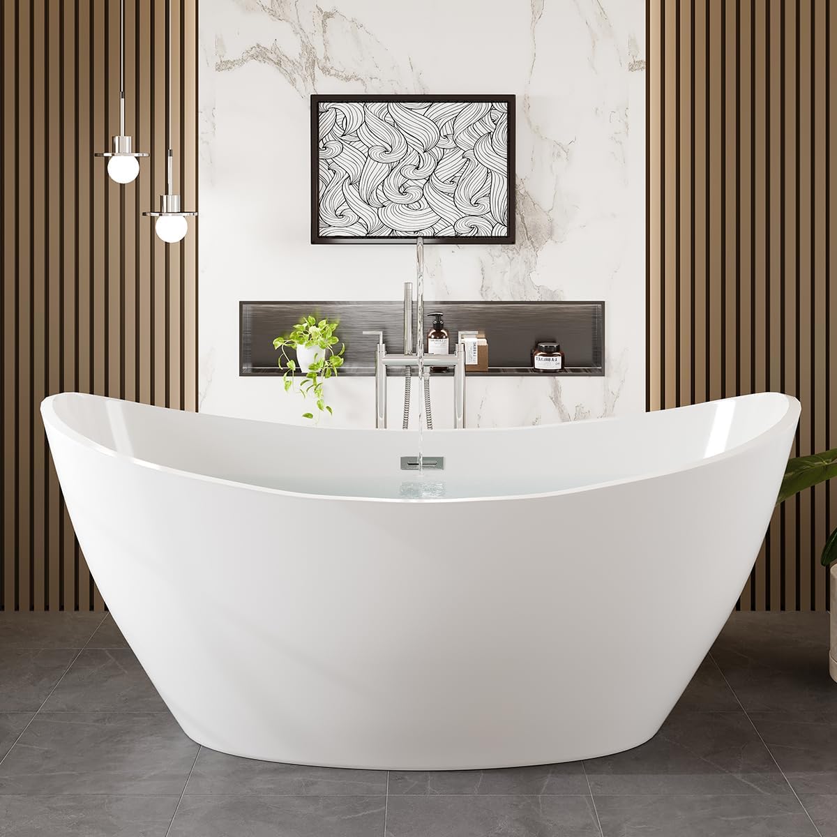 EVIVA Bella 60-Inch Acrylic Bathtub Non-Slip Deep Soaking Bathtub Freestanding Modern Soaker Deep Oval Bath Tub in Glossy White with Chrome Overflow and Middle Drain