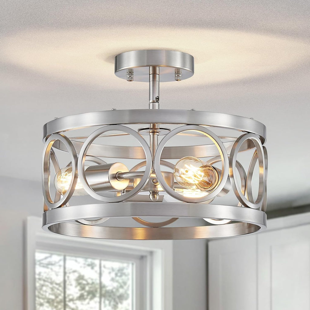 XINGQI Brushed Nickel 3-Light Rustic Ceiling Light Modern Adjustable Height Pendant Lighting Fixture Antique Drum Lamp for Living Room Bedroom Entryway Corridors 13'