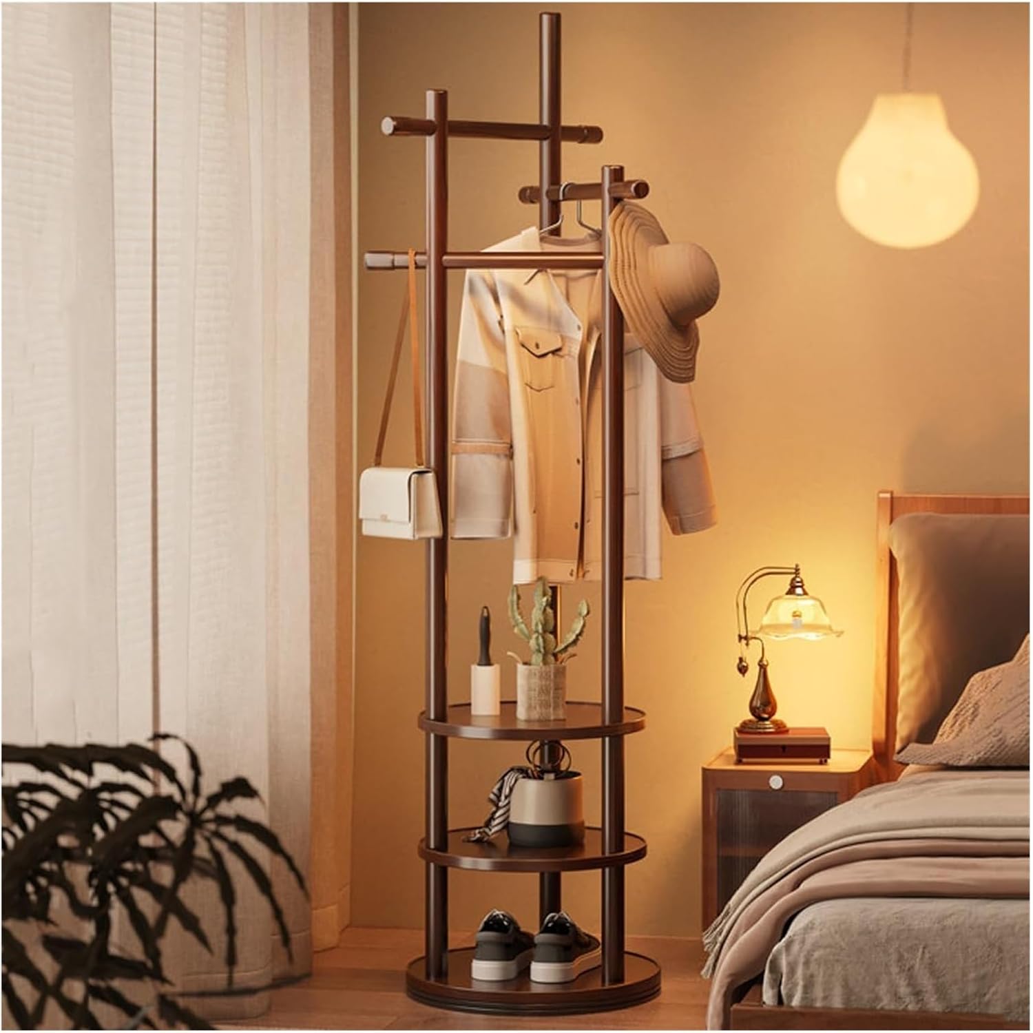 Rotatable Wooden Coat Rack with 3-Tier Storage, Freestanding Garment Stand with 6 Hooks for Bedroom, Entryway, and Walk-in Closet(Yellow)