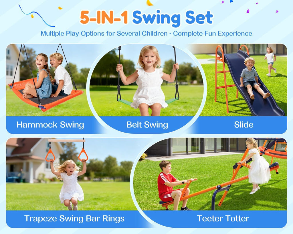 Swing Sets for Backyard Kids 3-12, Outdoor Playground Swingset with Slide&Teeter-Totter,700LBS Heavy Duty Swing Set with 2 Adjustable Swings,Ring Trapeze Bar- Large Metal Playset for Toddlers Children