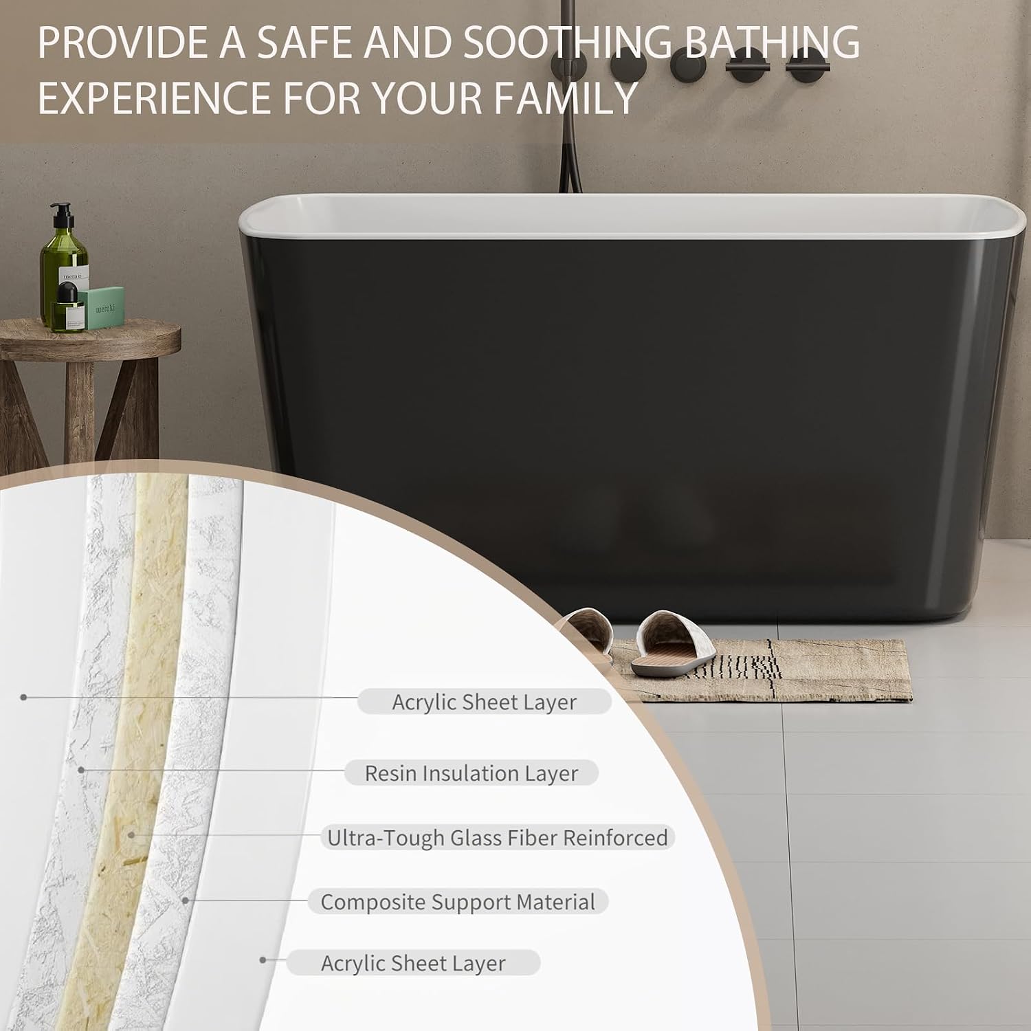 Abruzzo 49' Small Freestanding Bathtub - Square Acrylic Soaking Tub for Small Spaces, Japanese Style Deep Soak with Chrome Overflow & Quick Drain, Gloss Black cUPC Certified Compact Bathtub