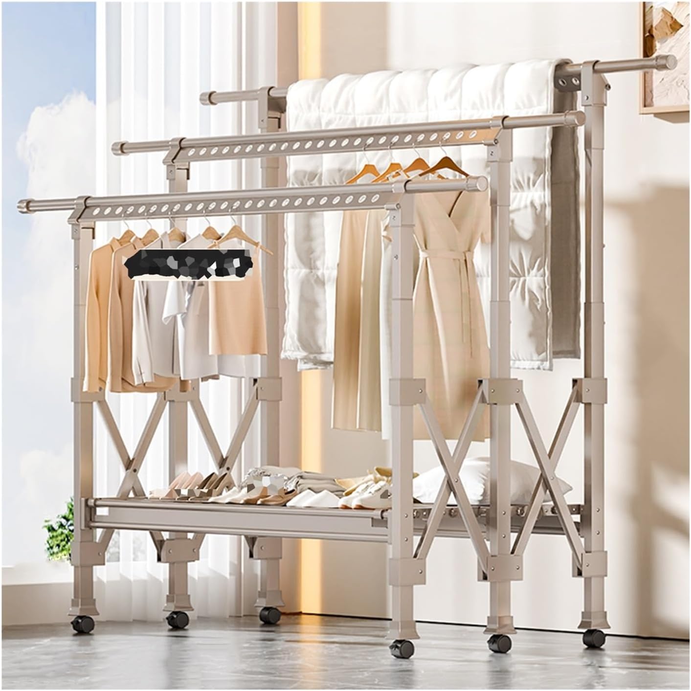Clothes Drying Racks, Heavy Duty Standing Dry Racks With Windproof Holes, Collapsible Retractable Laundry Drying Garment Rack, Clothing Quilt Blanket Sheet Hanging Dry Rack(Champagne Gold,(L x W x H)1
