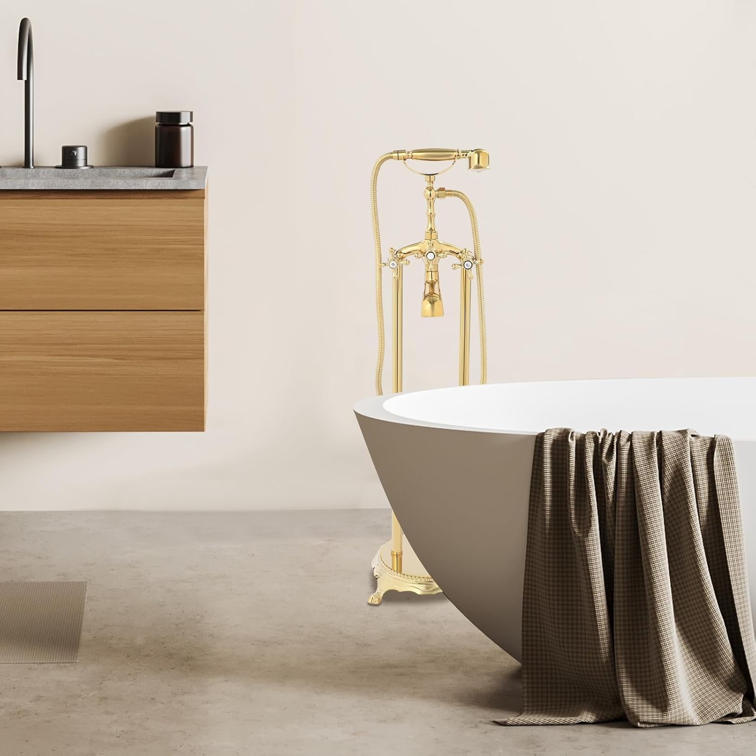 Freestanding Bathtub Faucet, Tub Filler with Handheld Shower, Brushed Nickel, Floor Mount Bathtub Faucet (Gold)