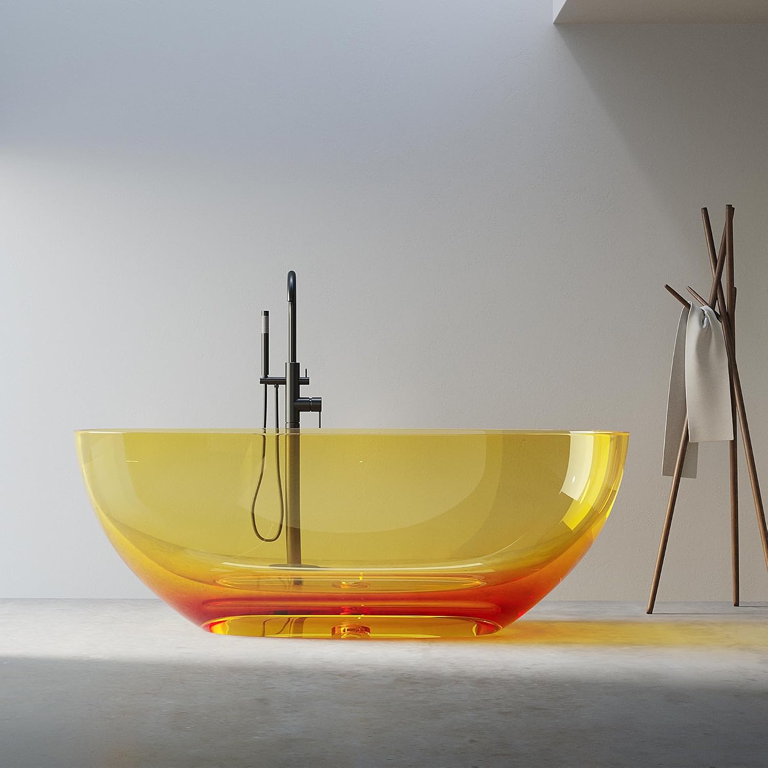 Solid Surface Freestanding Bathtub 61', Modern Oval Shape Soaking Tub, Stone Resin Stand Alone Bathtub with Drain & Integrated Slotted Overflow Transparent Orange AMFS303-1550-Orange