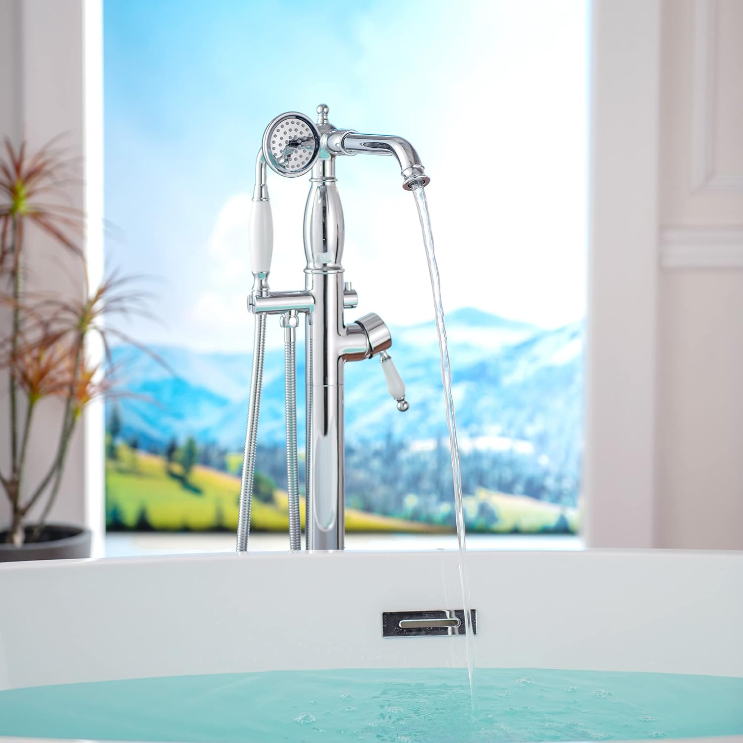 WOODBRIDGE Contemporary Single Handle Floor Mount Freestanding Tub Filler Faucet with Hand Shower in Chrome Finish
