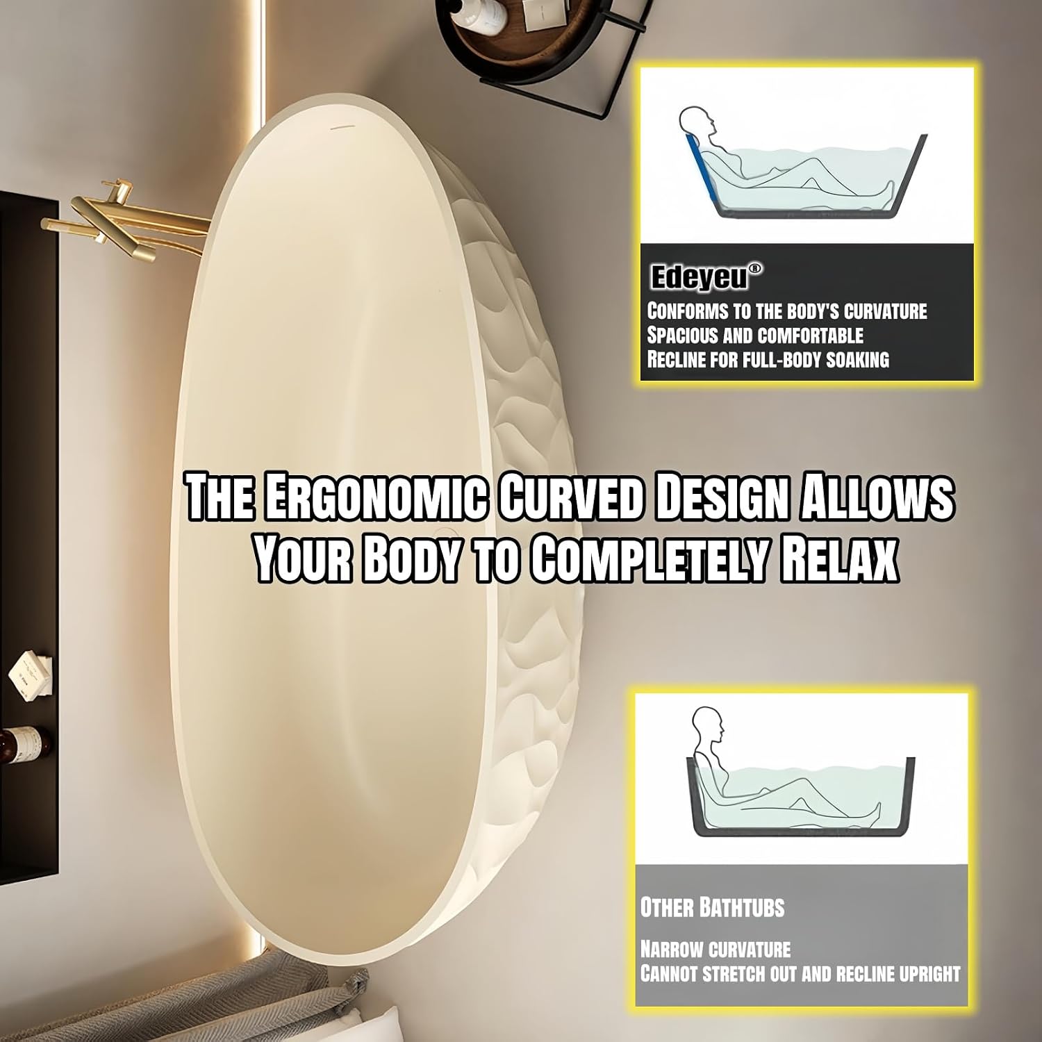 63' Edeyeu Luxury Freestanding Bathtub – Modern Solid Surface Bathtub With Ripple Design, Extra Deep Soaking Tub, Ergonomic Stand Alone Tub For Contemporary Luxury Bathrooms A