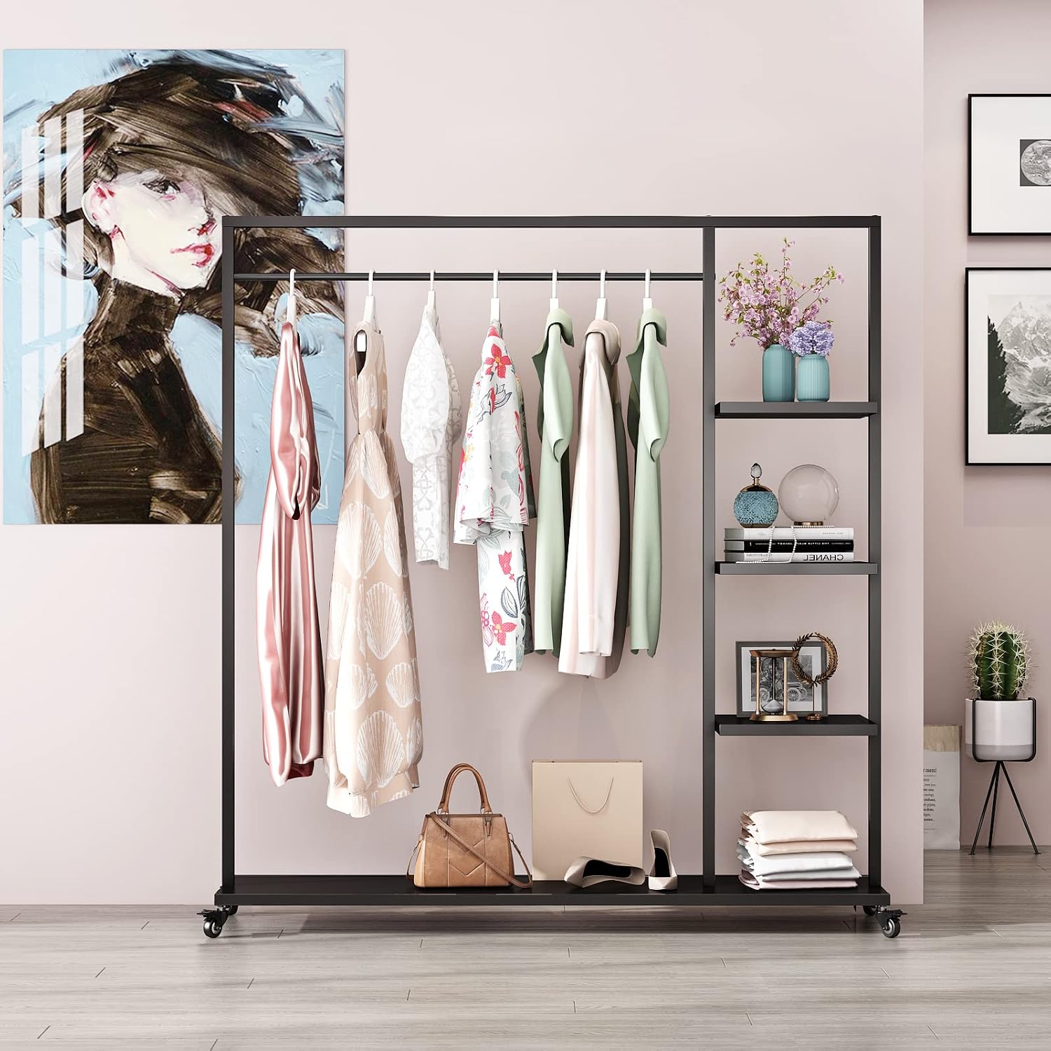 Black Clothing Racks with Shelf, Boutiques Retail Clothing Rack, Heavy Duty Industrial Clothes Racks, Multiple Uses Display for Home and Retail(Black)