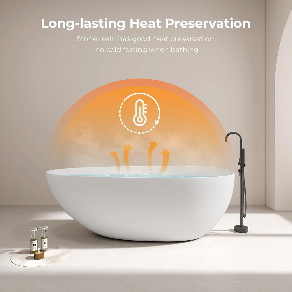 Premium 67'' Solid Surface Freestanding Bathtub, Upgraded Oval Shape Stone Resin Soaking Tub with Drain and Overflow, Matte White