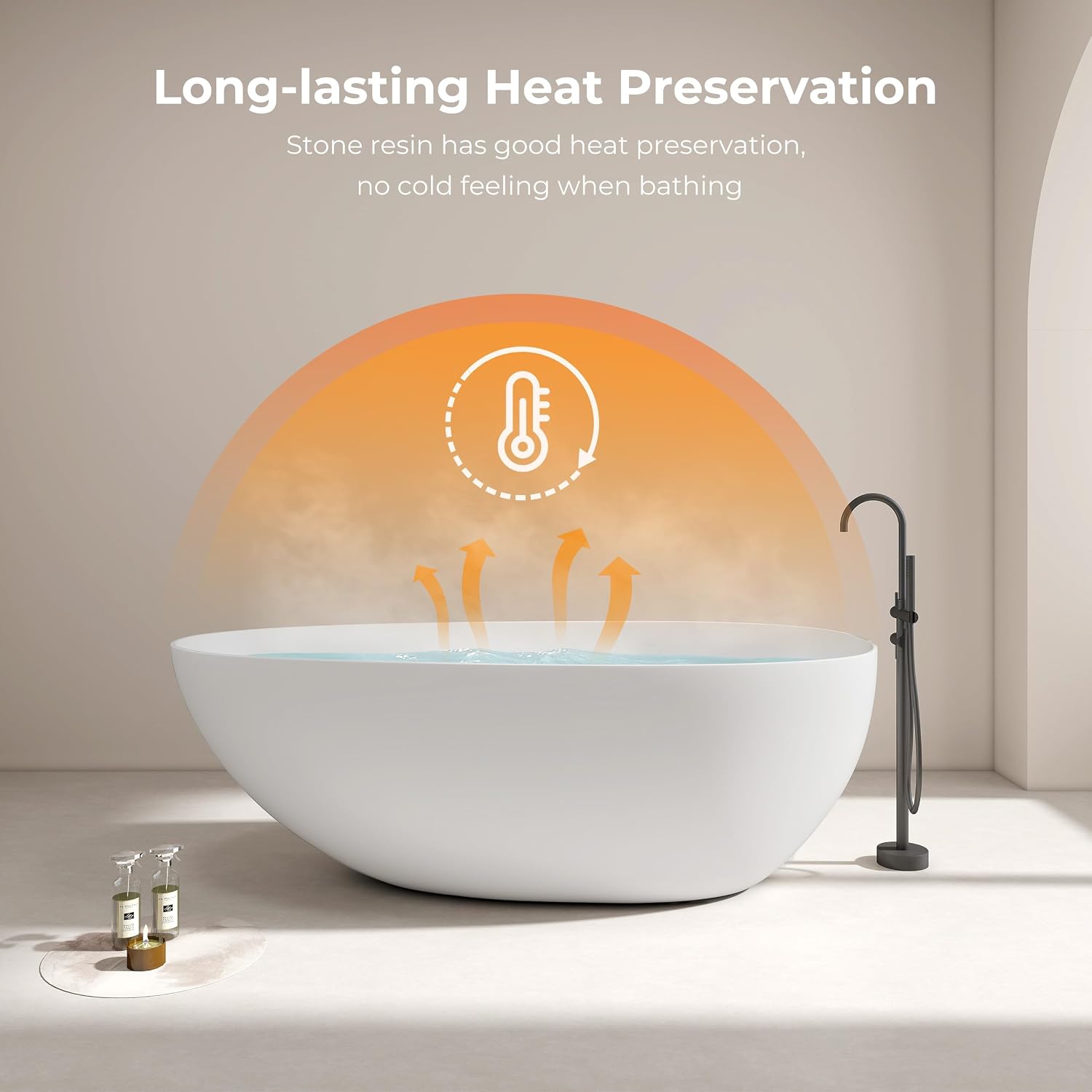 Premium 67'' Solid Surface Freestanding Bathtub, Upgraded Oval Shape Stone Resin Soaking Tub with Drain and Overflow, Matte White