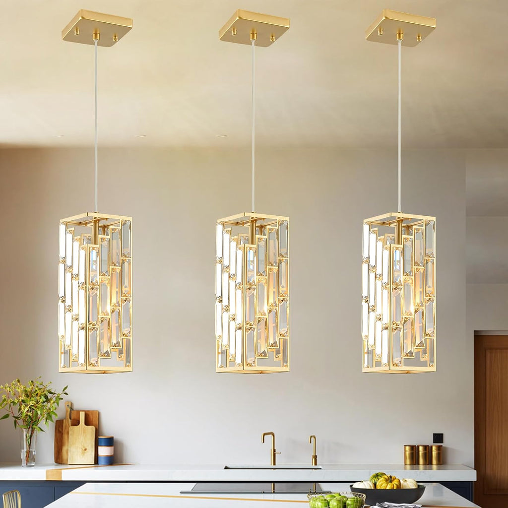 CATINER Gold Crystal Pendant Light 3 Pack, Mini Hanging Pendant Lighting Fixture with Adjustable Cord, Modern Gold Kitchen Island Pendant Lights for Dining Room, Bedroom, Hallway, E26 Base