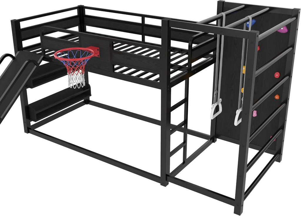 Multifunction Kids Loft Bed with Basketball Hoop, Slide, Pull-up Rings and Climbing Wall, Twin Metal Bunk Bed with Basketball Hoop, Pull-Up rings, Climbing Wall, and Built-in Bookshelves, Black