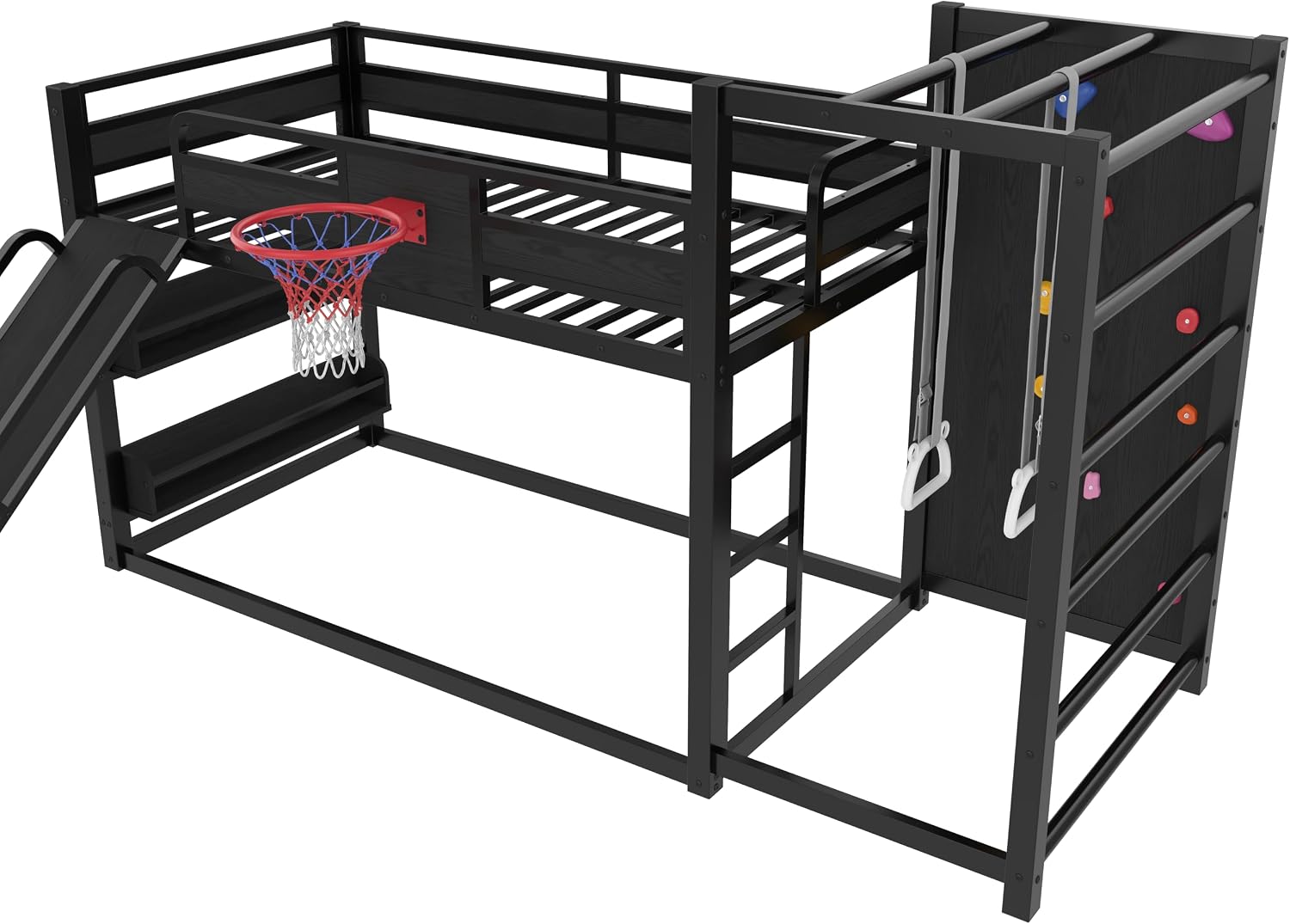 Multifunction Kids Loft Bed with Basketball Hoop, Slide, Pull-up Rings and Climbing Wall, Twin Metal Bunk Bed with Basketball Hoop, Pull-Up rings, Climbing Wall, and Built-in Bookshelves, Black