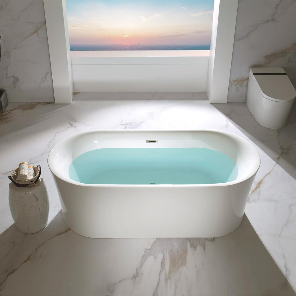 WOODBRIDGE 67' Acrylic Freestanding Bathtub Contemporary Soaking Tub with Brushed Nickel Overflow and Drain,White Tub,B0057-BN