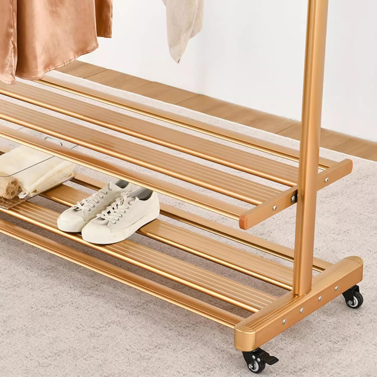 Heavy duty Garment rack Heavy Duty Clothes Rail On Wheels, Rolling Clothing Rack For Hanging Clothes, Portable Clothes Organizer With 2 Shelves, Coat Rack For Bedroom, Drying Rack (Gold 150X45X156CM)
