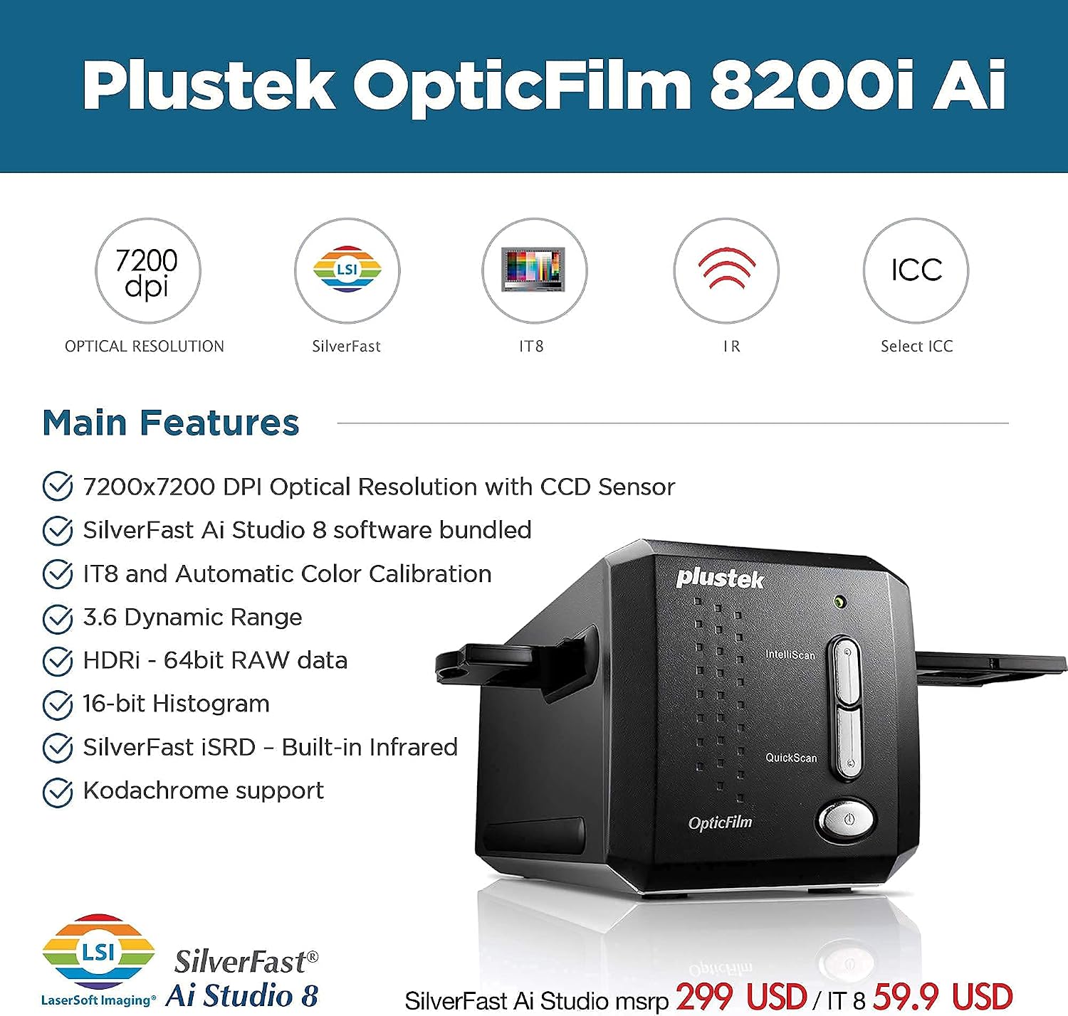 Plustek OpticFilm 8200i Ai Film & Slide Scanner Converter + 35mm Negative Film Stripe kit x 4
