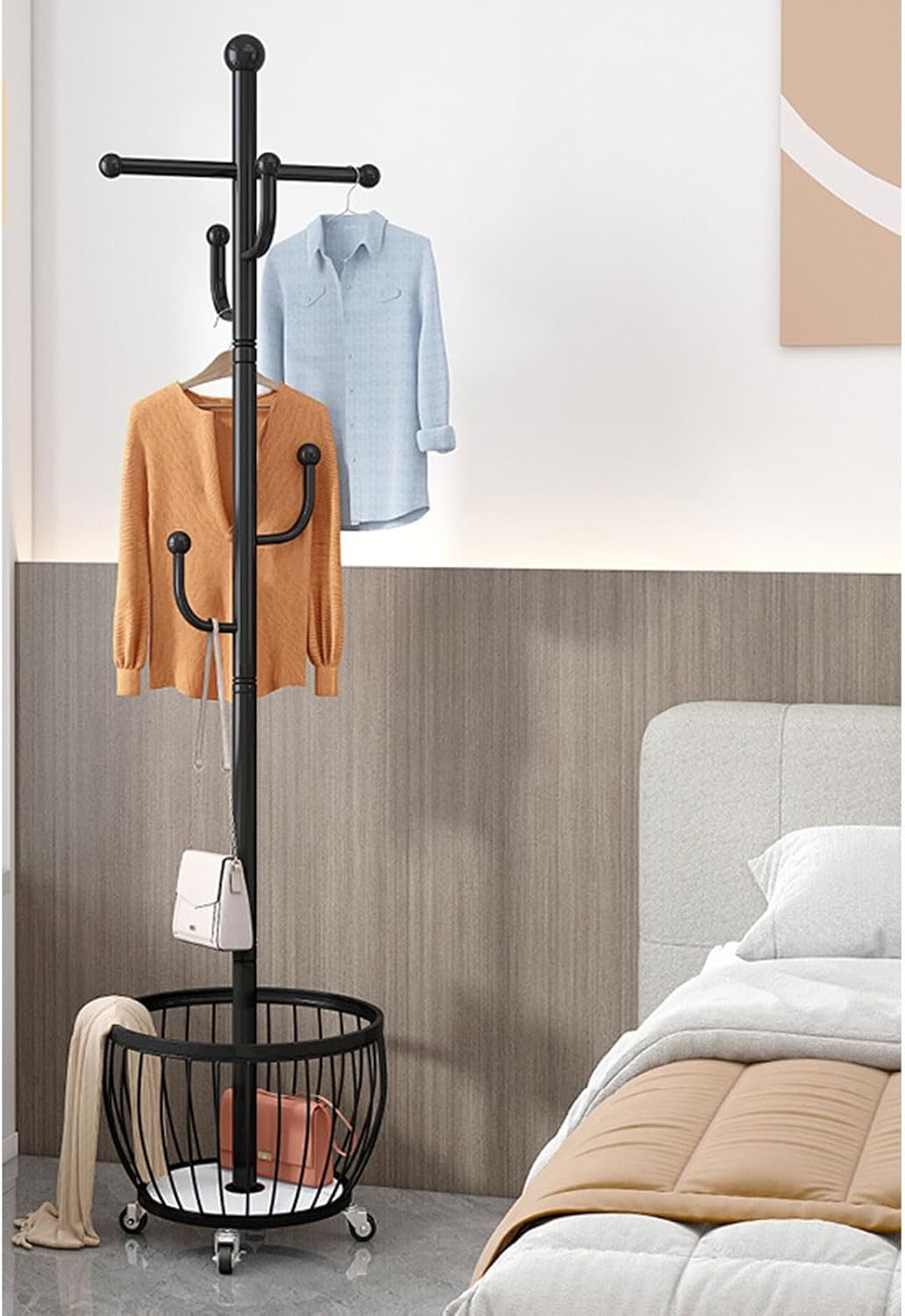 Freestanding Metal Clothing Hanger Rack with Wheels, Black Garment Rack Organizer, 4 Hooks for Easy Clothing Storage - Perfect for Home & Retail Use