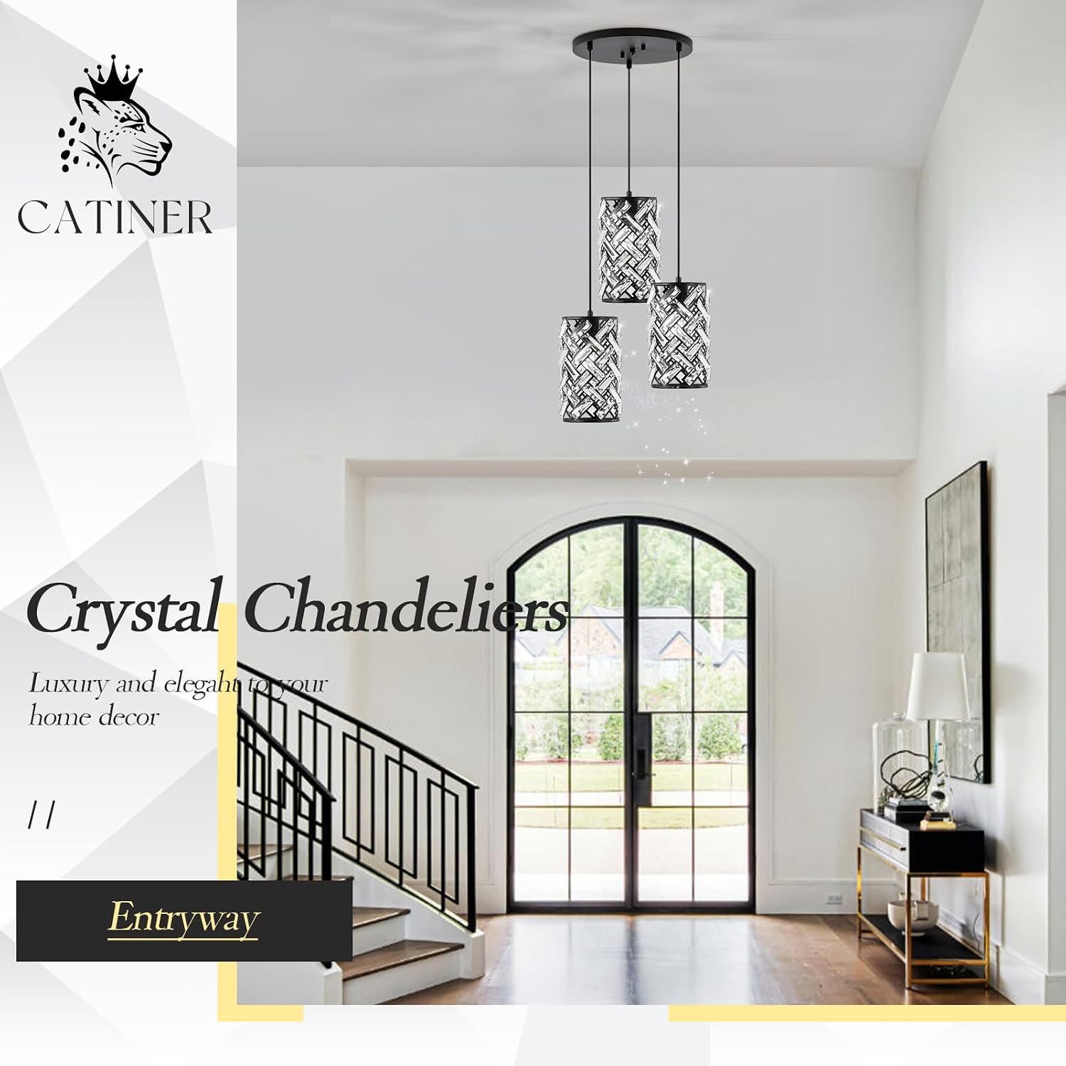 CATINER 3 Lights Crystal Pendant Light Modern Black Mini Chandelier, Adjustable Cluster Pendant Light Fixture for Kitchen Island Dinning Room Bedroom Hallway Porch