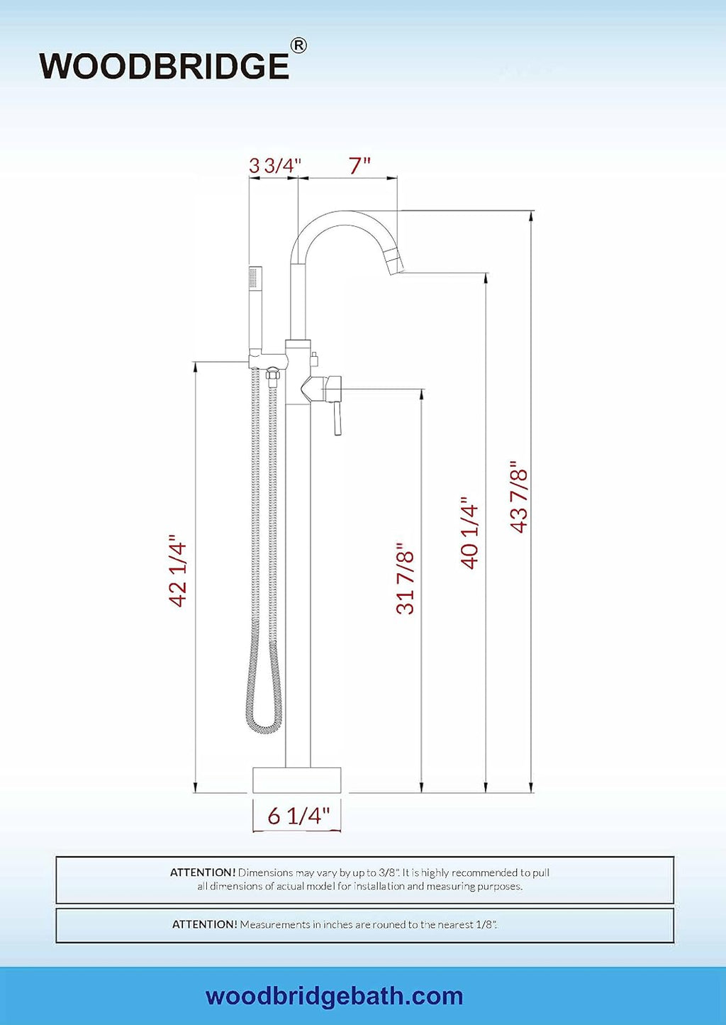 WOODBRIDGE F0007 BG Freestanding Tub Filler Bathtub Floor Mount Brass Bathroom Faucets with Hand Shower, F-0007 Golden, Brushed Gold