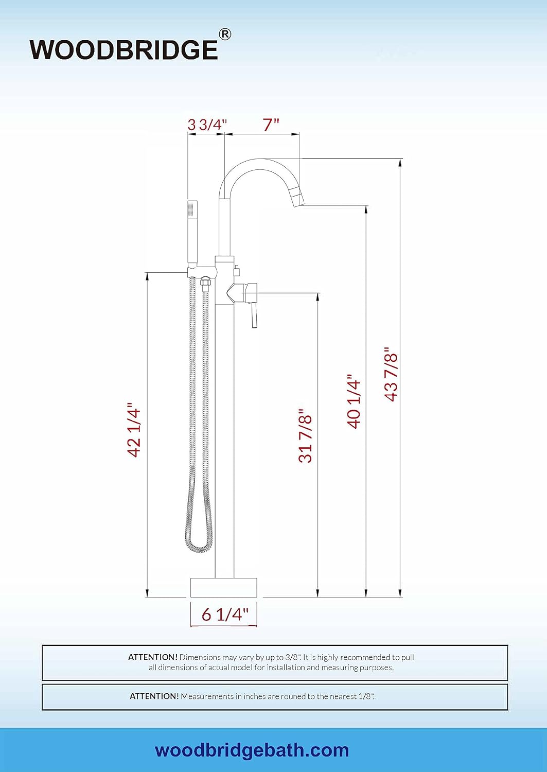 WOODBRIDGE F0007 BG Freestanding Tub Filler Bathtub Floor Mount Brass Bathroom Faucets with Hand Shower, F-0007 Golden, Brushed Gold