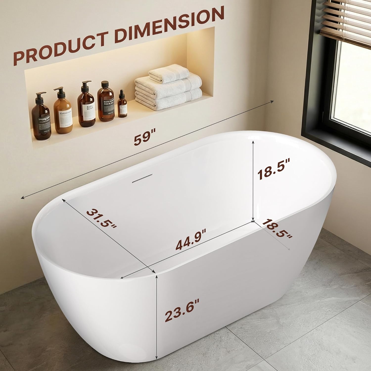59' Free Standing Tub, Modern Deep Soaking Tub, Acrylic Stand Alone Bath Tub for Bathroom, Freestanding Bathtub with Integrated Overflow & Pop-Up Drain, cUPC Certified, Glossy White Finish