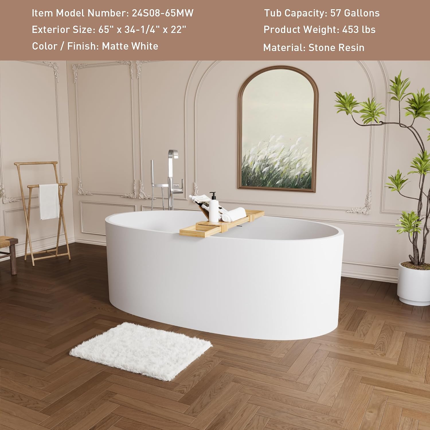 55' Glossy White Acrylic Freestanding Bathtub, Small Free Standing Soaking Tub with Chrome Toe-Tap Drain, cUPC Certified Soaker Tub
