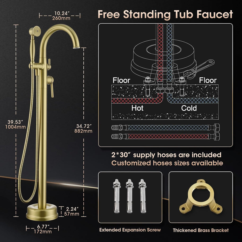 Freestanding Tub Faucets, Brass Freestanding Bathtub Faucet with Hand Shower, Floor Mount Tub Filler with Sprayer Brushed Light Gold（WT-9811BG03）