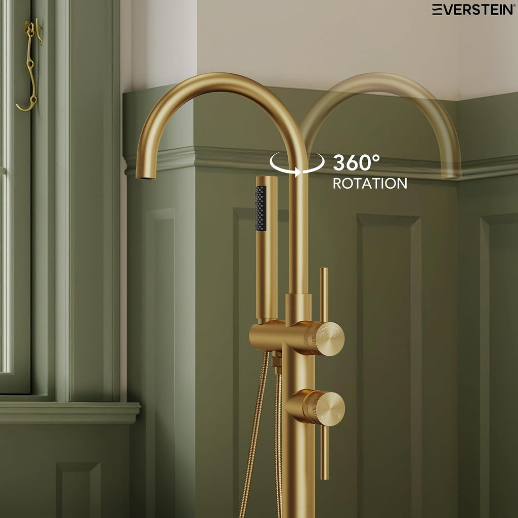 Freestanding Bathtub Faucet with Hand Held Shower, Floor Mount Tub Filler, Dual Handle Brass Bath Tub Faucet, Valve Included，Brushed Gold