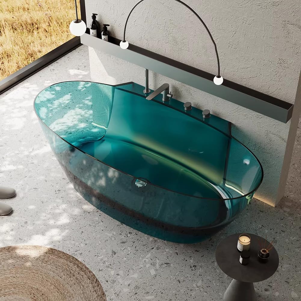 Ergonomic Luxury Spa Bathtub, Oval-Shaped Transparent Resin Tub with Drain, Handcrafted Extra-Deep Tub, Modern Spa Bathroom, 55-70 Inches,G l160cm