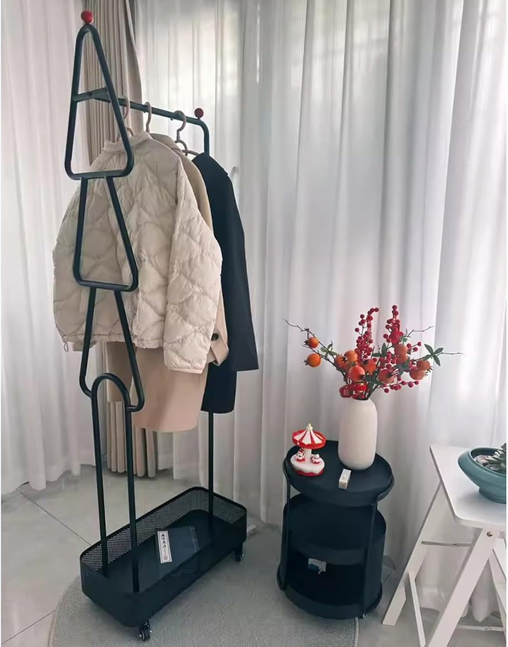 Garment Rack Small Clothes Racks for Hanging Clothes, Metal Clothing Rack with Wheels, Freestanding Coat Rack with Storage Basket, Portable Wardrobe Rack for Bedroom and Small Space, Black