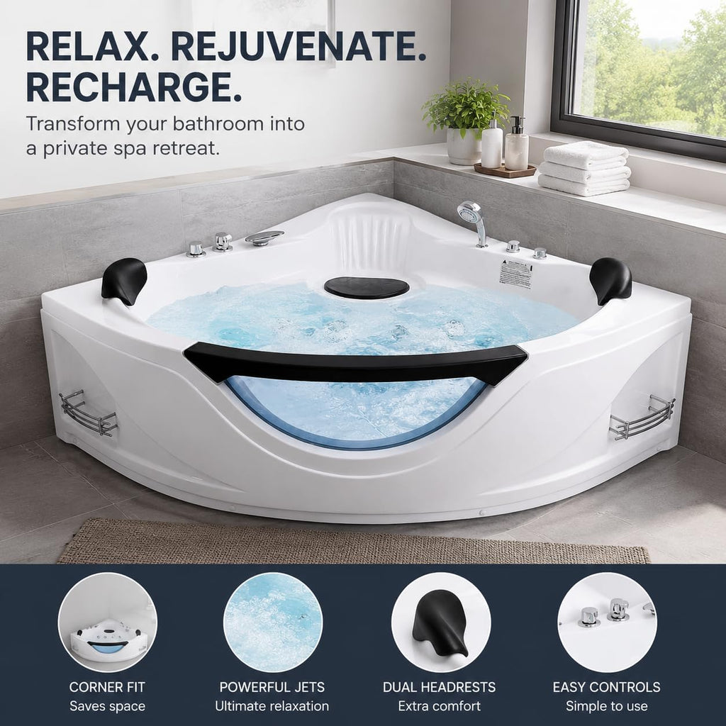 59x59 Inch Corner Bathtub for 2 Person, 6 Jet Whirlpool Tub withChromatherapy LED Lights, Acrylic Soaking Tub with Hydro Massage, Includes Faucet & 2 Bath Pillows (white-2)