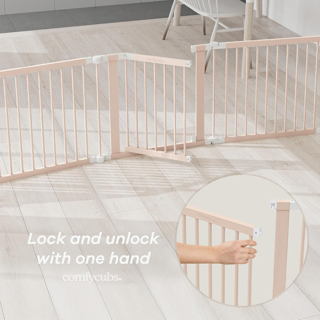 Comfy Cubs Baby Gate Playpen - 57 x 57 x 25 in, Extends Up to 228' - Pine Wood Foldable Playpen with Child-Proof Lock - Easy Assembly Baby Fence Play Area for Babies & Toddlers - Blush