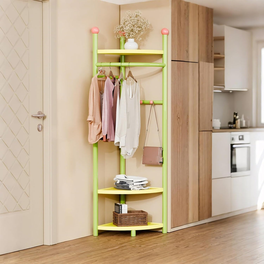 Corner Coat Rack, Corner Hall Tree with 3 Tier Shelves, Metal Clothes Rack, Freestanding Garment Racks for Bedroom, Living Room, Entryway(Green)