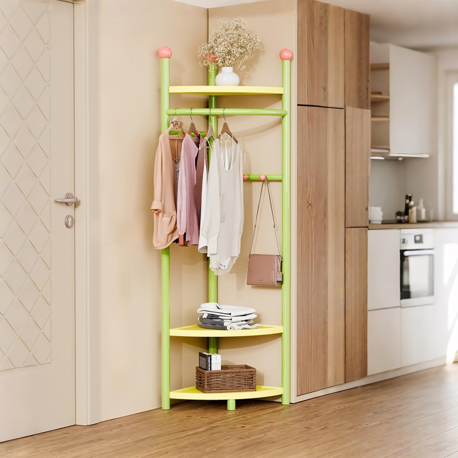 Corner Coat Rack, Corner Hall Tree with 3 Tier Shelves, Metal Clothes Rack, Freestanding Garment Racks for Bedroom, Living Room, Entryway(Green)