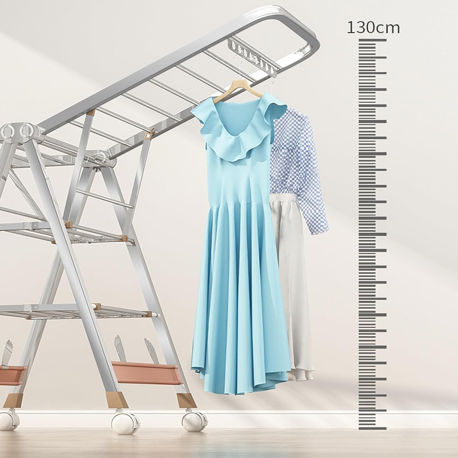 Adjustable Portable Rolling Garment Rack with Wheels, Foldable Metal Clothing Organizer with Bottom Shelf for Bedroom, Laundry, Living Room - 150cm