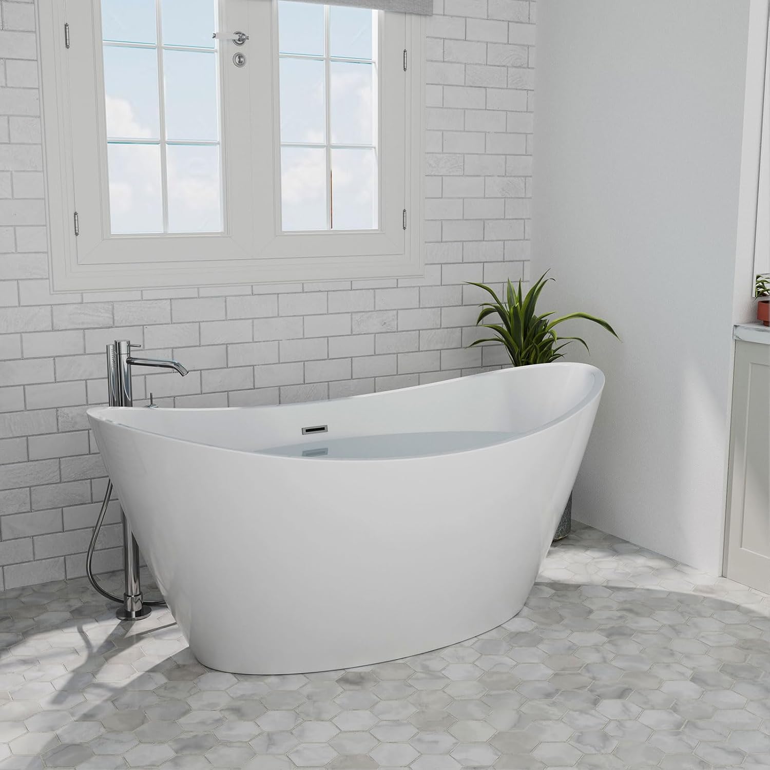 Empava Freestanding Bathtub,59 in Soaking Tub,Luxury Acrylic Stand Alone Tub Included Overflow and Drain for Bathroom, Glossy White,cUPC Certified
