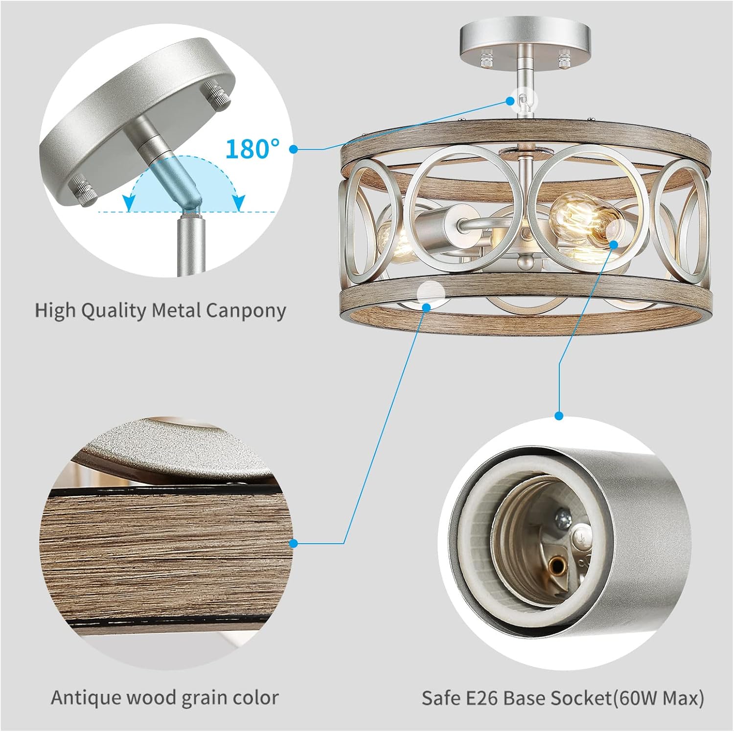 XINGQI 13' Modern 3-Light Brushed Nickel Rustic Semi Flush Mount Ceiling Light Fixture Wood Grain Metal Round Lamp for Kitchen Dining Room Bedroom Entryway
