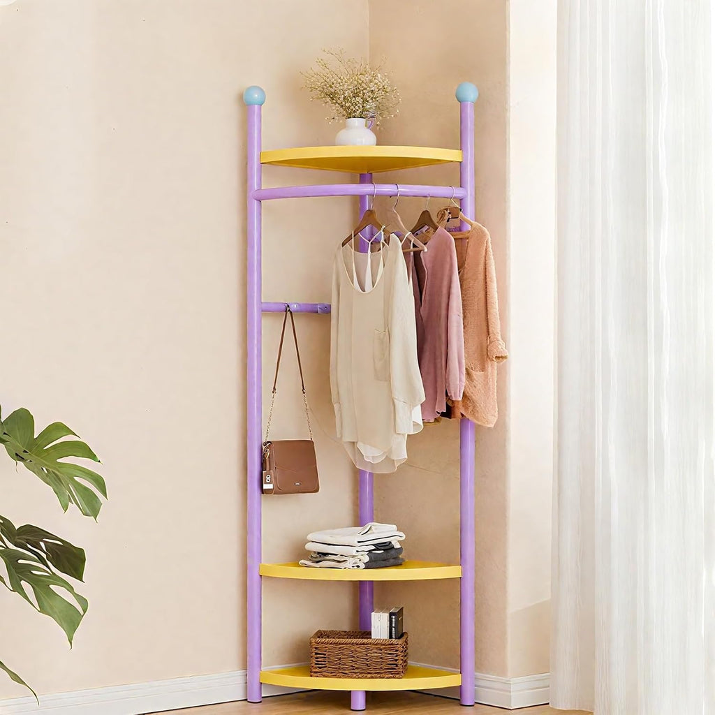 Corner Coat Rack, Corner Hall Tree with 3 Tier Shelves, Metal Clothes Rack, Freestanding Garment Racks for Bedroom, Living Room, Entryway(Purple)
