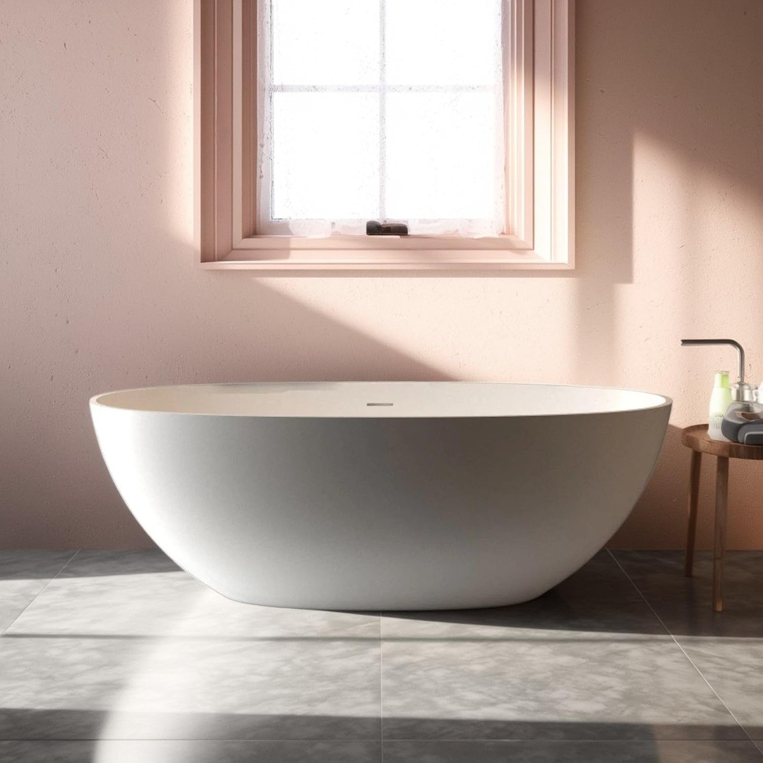 65' Freestanding Bathtub, Luxury Handcrafted Solid Surface Stone Resin Soaking Tub with Overflow and Pop-Up Drain, Matte White Stand Alone Tub for Modern Bathroom Spa Experience