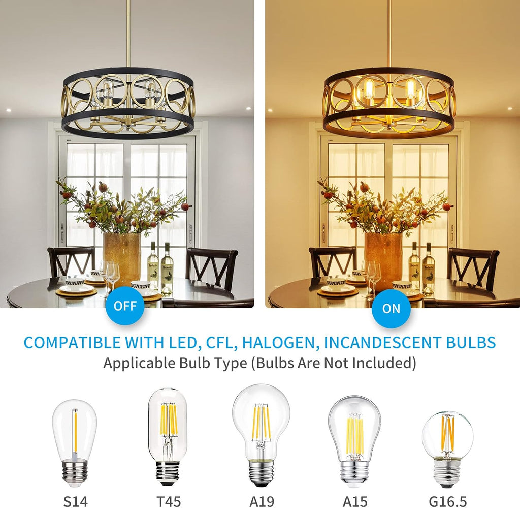 XINGQI 21.7'' Drum Chandelier, 5-Light Rustic Pendant Lighting Modern Farmhouse Chandeliers for Living Room Dining Room Bedroom, Black and Gold Finish Round Metal Ceiling Light Fixture