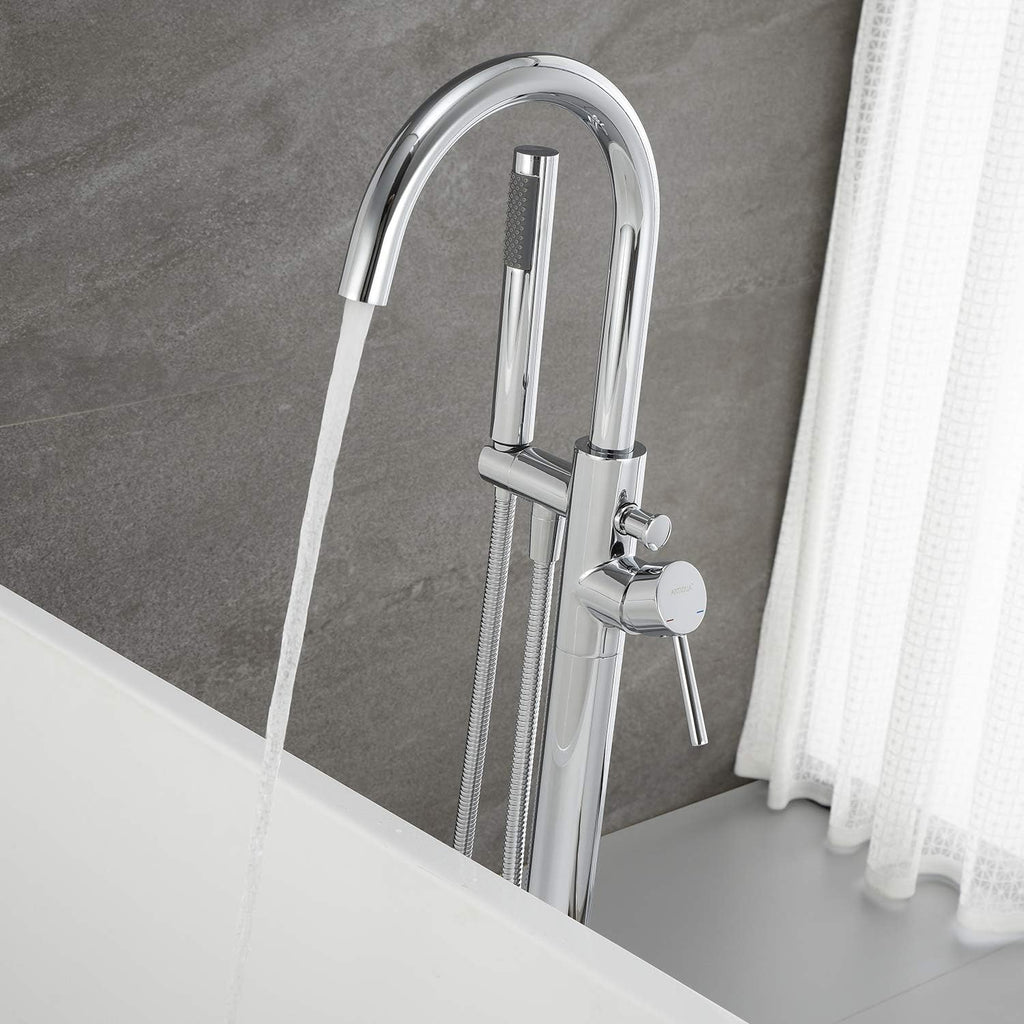 Freestanding Tub Filler Bathtub Faucet Chrome Single Handle Floor Mounted Faucets with Handheld Shower