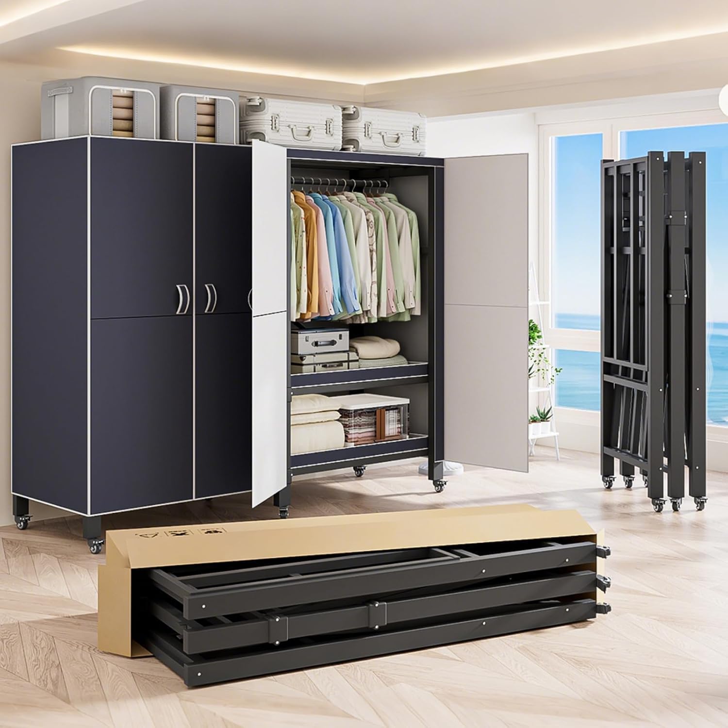 Heavy Duty Covered Clothes Rack with Magnetic Door Foldable Portable Wardrobe Closet for Hanging Clothing Rolling Black Metal Garment Rack on Wheels Closet System (Navy Blue, 49in)