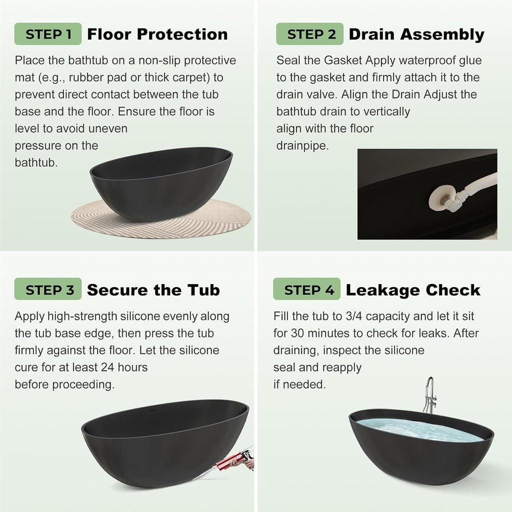 65' Premium Matte Black Solid Surface Freestanding Bath Tub, Oval Stone Resin Tub with Overflow and Pop-up Drain